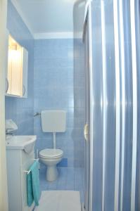 uma casa de banho azul com um WC e um chuveiro em Condominio Adriatico em Bibione
