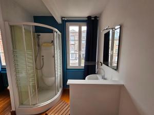 a bathroom with a shower and a sink at Soleil du Matin in Étretat +19 photos