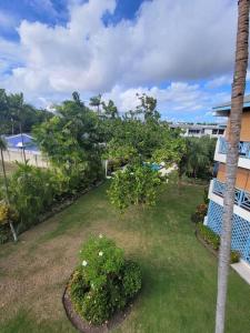 an aerial view of a yard with a palm tree at 24 Maple Gardens in Bridgetown