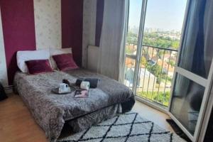 卡尚viewTower eiffel 1 ROOM PRIVATE no#2 colocation的一间带床和大窗户的卧室