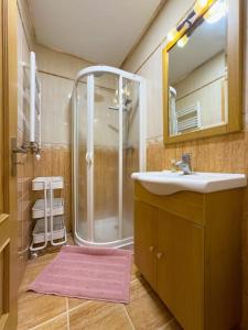 uma casa de banho com um chuveiro, um lavatório e um espelho. em apartamento grande da Gama em Lisboa