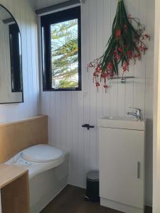 ein Bad mit einem WC, einem Waschbecken und einem Fenster in der Unterkunft The Kauri Retreat 1 in Waitoki