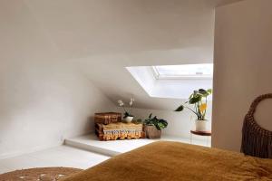 een zolderkamer met een dakraam en een tafel met planten bij Prachtige woning centrum Hasselt in Hasselt