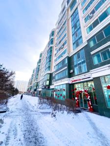 une rue enneigée en face d'un grand bâtiment dans l'établissement 57 Очень теплая уютная квартира возле Байтерека с 2 большими кроватями и с 2 диванами для 1-6 человек, à Astana 9 autres photos