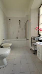 ein Badezimmer mit einer Badewanne, einem WC und einem Waschbecken in der Unterkunft Bilocale Vecchio Borgo in Borgosesia