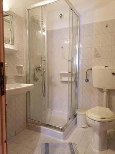 a bathroom with a shower and a toilet and a sink at Marilena's Beach House in Agios Georgios Pagon