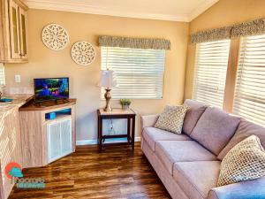 a living room with a couch and a tv at Pinecraft Cottage Tiny Home in Sarasota