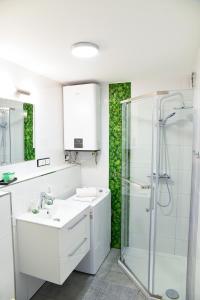biała łazienka z umywalką i prysznicem w obiekcie Apartament 55 w Węgierskiej Górce