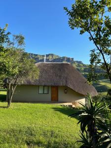 une maison au toit de chaume avec un toit d'herbe dans l'établissement Sungubala Eco Camp, à Bergville