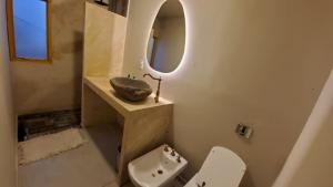 a bathroom with a sink and a toilet and a mirror at ESPACIO AMAITÀ in Villa Carlos Paz