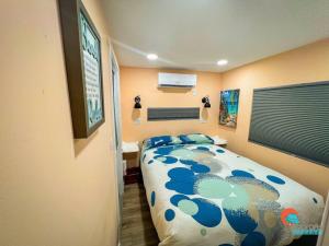 Pinecraft Sunset Tiny Home في ساراسوتا: غرفة نوم مع سرير وتلفزيون على الحائط