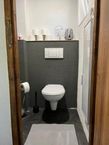 a bathroom with a white toilet and a black wall at Chata na Liptove in Liptovská Porúbka