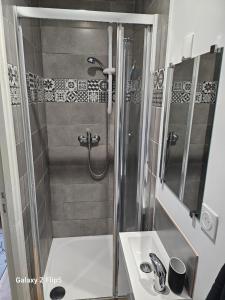 uma casa de banho com um chuveiro e um lavatório. em Magnifique chambre em Beauvais