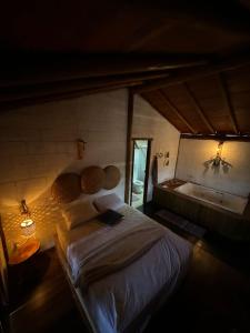 a bedroom with a large bed and a mirror at Pousada Reserva Setiba Guarapari in Guarapari