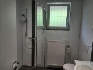 ein Bad mit einer Dusche, einem WC und einem Fenster in der Unterkunft Ferienwohnung mit Neckarblick in Eberbach