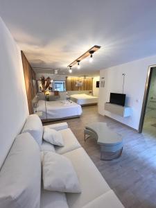 salon z białą kanapą i sypialnią w obiekcie Casa Algezar w mieście Hondón de las Nieves