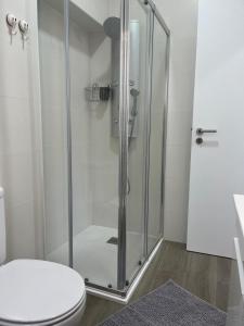 une cabine de douche dans une salle de bain avec toilettes dans l'établissement PÉROLA DA ARRÁBIDA - no coração de Setúbal, à Setúbal