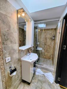 W łazience znajduje się umywalka i prysznic. w obiekcie House Apartment Minerilor w Klużu-Napoce