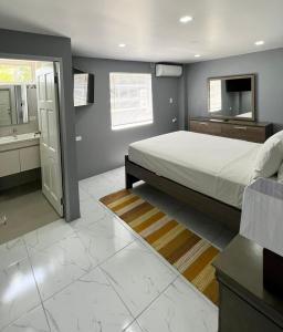 a bedroom with a large bed and a bathroom at Tropical Apartments Tobago in Bethel
