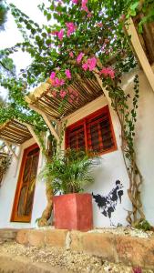 une maison avec des fleurs roses sur son côté dans l'établissement Posada Gallinas, à Palomino