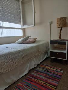Schlafzimmer mit einem Bett, einem Fenster und einem Teppich in der Unterkunft Casa grande y céntrica in San Miguel de Tucumán