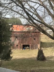 un antiguo granero en un campo con un árbol en The Nauvoo Grand Bed & Breakfast en Nauvoo