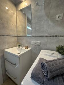 La salle de bains est pourvue d'un lavabo et d'un miroir. dans l'établissement Salwator Residence, à Cracovie