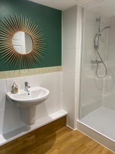 uma casa de banho com um lavatório e um chuveiro com um espelho. em Countryside cottage with private garden & hot tub em Lifton