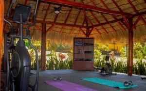 een fitnessruimte met een grote houten structuur met een loopband en een hometrainer bij Hotel Amigo Nicaragua in Nindirí