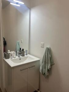 a bathroom with a white sink and a mirror at Appartement luxueux Au coeur de lille in Lille