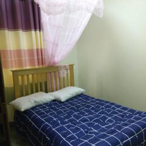 een slaapkamer met een blauw bed en een gordijn bij V.S.C Courts in Kampala