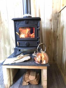 a stove with a tea kettle on a table at Hagrids Hut - Off grid Cabin - no electricity or running water in Munlochy