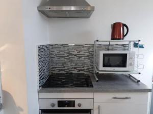een keuken met een magnetron en een fornuis top oven bij Appartements Au Cros De Cagnes in Cros-de-Cagnes