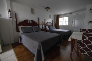 1 dormitorio con 2 camas y ventana en Motel Deblois, en Sainte-Anne-de-Beaupré