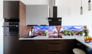 Køkken eller tekøkken på Lumina Loft Tymienieckiego with a view of the lake