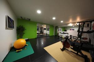 einen Fitnessraum mit Trainingsgeräten in einem Raum mit grünen Wänden in der Unterkunft FRGK Les parcs, Villa d'exception in Mougins