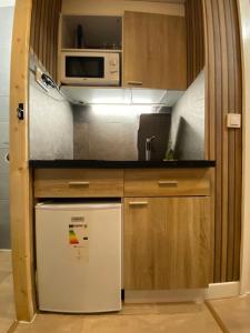 eine kleine Küche mit einem Kühlschrank und einer Mikrowelle in der Unterkunft Studios & chambres aux portes de Genève in Saint-Julien-en-Genevois