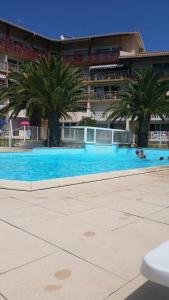 una gran piscina con palmeras frente a un edificio en Le Boucanier en Vieux-Boucau-les-Bains