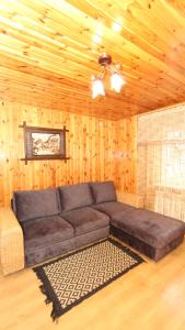 sala de estar con sofá en una habitación con paredes de madera en Cottage "Lure" en Yaremche
