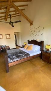 a bedroom with a bed with birds on the wall at Fincas Panaca Herreria 26 in Quimbaya