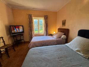 a bedroom with two beds and a tv and a window at Chambres d’hôtes de Pouzatel in Fumel