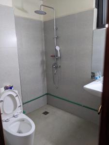 a bathroom with a shower and a toilet and a sink at Casa Feliz - Stylish 2 Bedroom Apartment in Addis Ababa