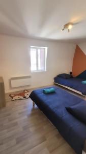een slaapkamer met 2 blauwe bedden en een raam bij T3 rénové en face des Thermes in Néris-les-Bains