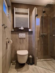 uma casa de banho com um WC e um chuveiro em Bundi Beach em Egmond aan Zee