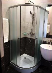 a glass shower in a bathroom with a sink at BLH in Yerevan