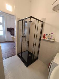 a shower with a glass door in a bathroom at Sunshine flat at the BLAHA in Budapest