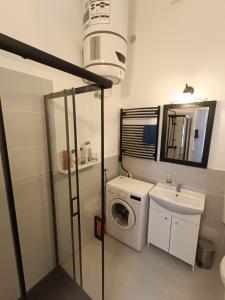 ein Badezimmer mit einer Waschmaschine und einem Waschbecken in der Unterkunft Sunshine flat at the BLAHA in Budapest