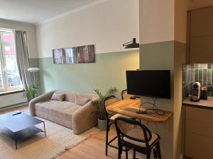 ein Wohnzimmer mit einem Sofa und einem Tisch mit einem TV in der Unterkunft Luxury in center of Berlin Mitte in Berlin