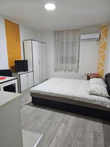 een kleine slaapkamer met een bed en een keuken bij Apartmani Borko 3-1 in Loznica
