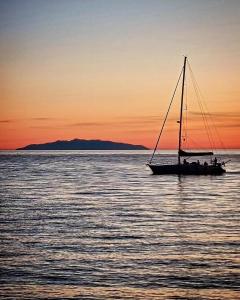 a boat floating on the water at sunset at A due passi dal mare in Castiglioncello